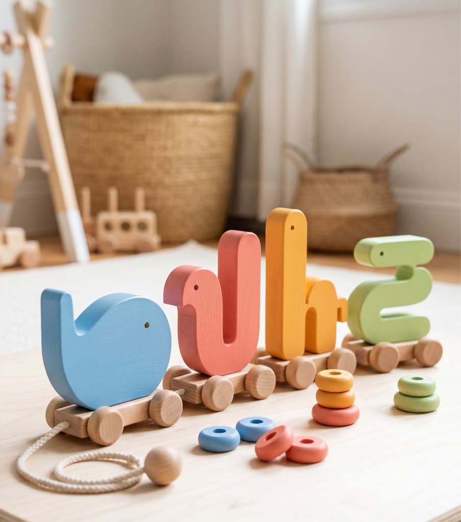 Colourful wooden Arabic letter toys in a children's playroom
