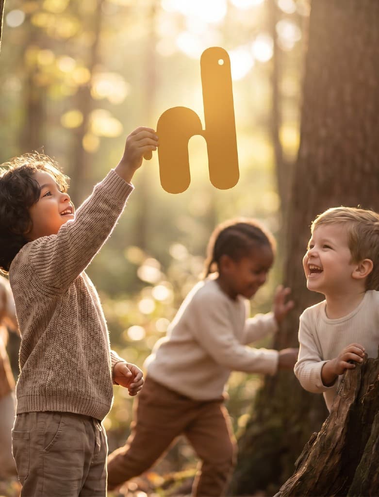Children playing outdoors holding a wooden Arabic letter