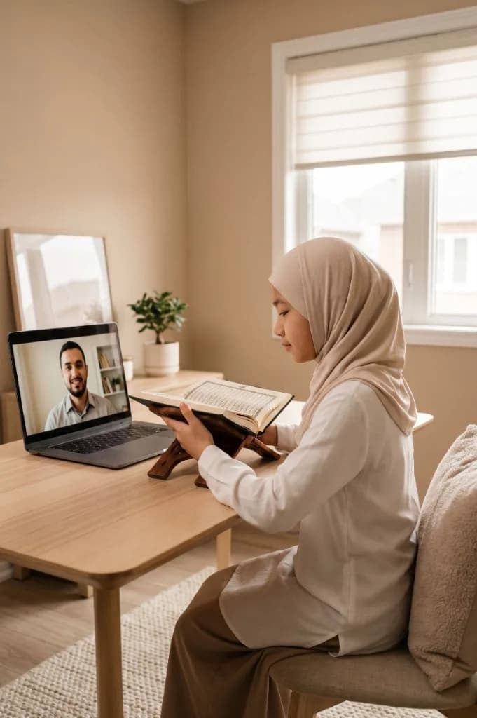 Girl reading the Quran at home during a live video lesson